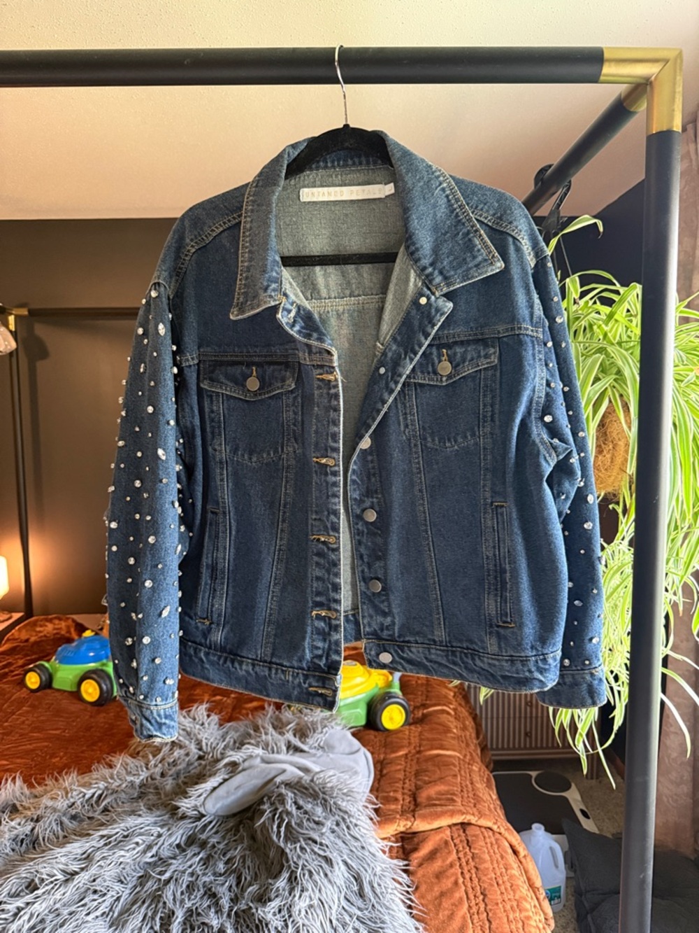 Embellished Dark Blue Denim Jacket with Crystal Accents